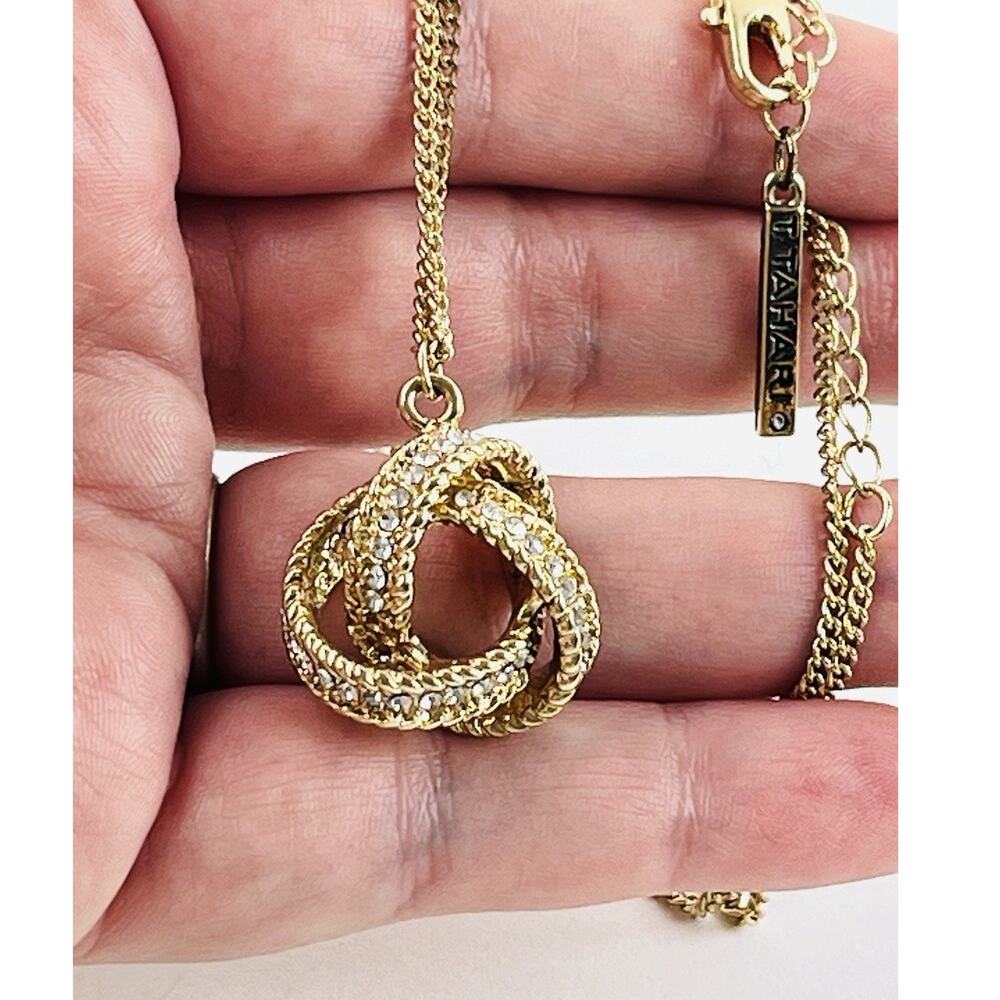 Tahari Goldtone Knotted Chain Necklace Pendant Rhinestones Rope Braided 3 Strand - Picture 2 of 16